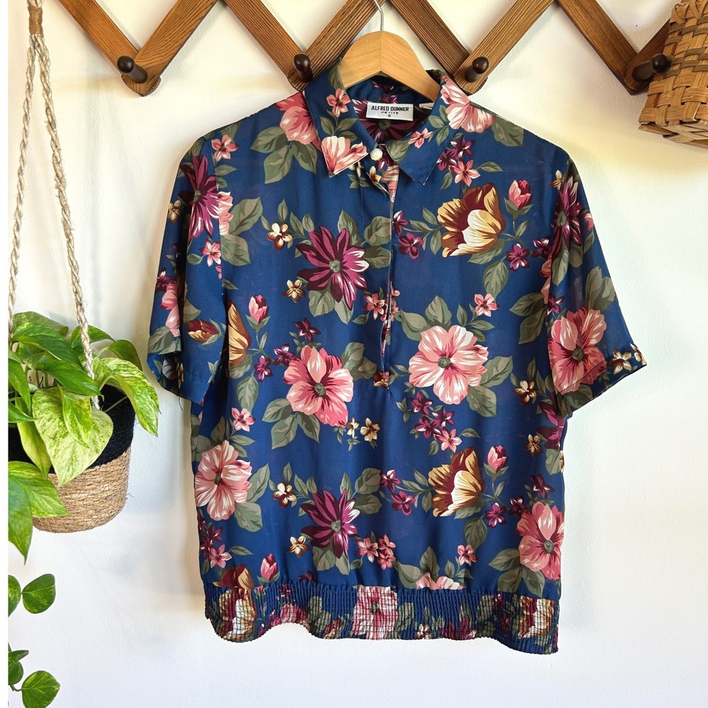 Vintage Alfred Dunner Petite Navy Blue Floral Smocked Waist Blouse Top Cottage